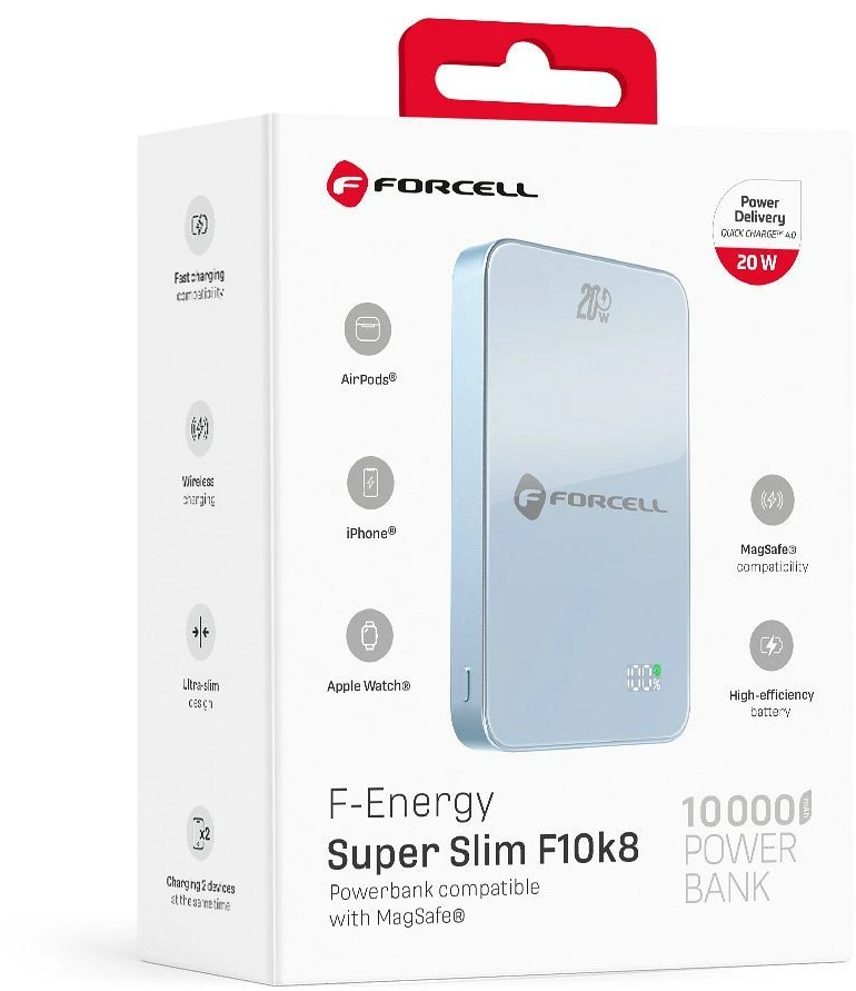 Powerbank compatible with MagSafe Forcell F-Energy SuperSlim F10K8 QC4.0 PD3.0 15W 10000 mAh mėlynas