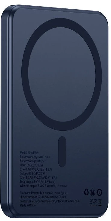 Powerbank compatible with MagSafe Forcell F-Energy Slim F5K9 QC4.0 PD3.0 15W 5000 mAh navy mėlynas