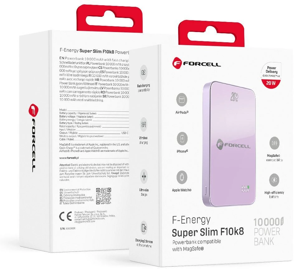 Nešiojamoji baterija, suderinama su „MagSafe Forcell F-Energy SuperSlim F10K8 QC4.0 PD3.0“ 15W 10000 mAh violetinė