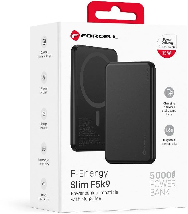 Powerbank suderinamas su MagSafe Forcell F-Energy Slim F5K9 QC4.0 PD3.0 15W 5000 mAh juodas
