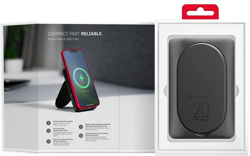 Išorinė baterija POWER BANK Forcell F-ENERGY (F10K2) 10000mAh su belaidžiu įkrovikliu (Magsafe 20W) juoda
