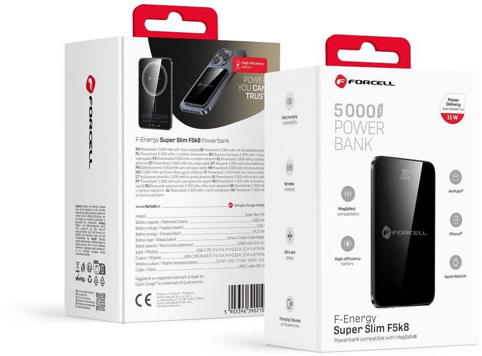 Powerbank compatible with MagSafe Forcell F-Energy SuperSlim F5K8 QC4.0 PD3.0 15W 5000 mAh juodas