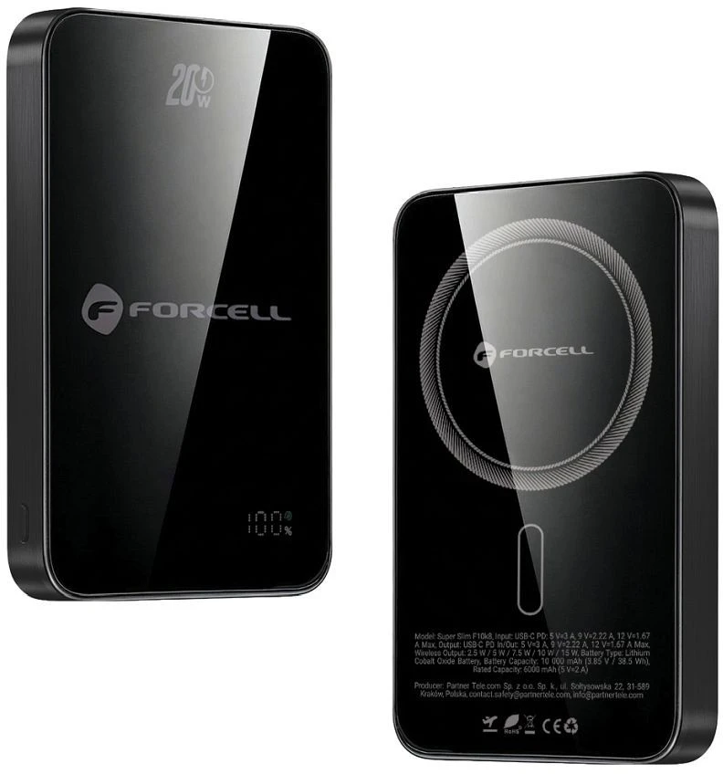 Powerbank compatible with MagSafe Forcell F-Energy SuperSlim F10K8 QC4.0 PD3.0 15W 10000 mAh juodas