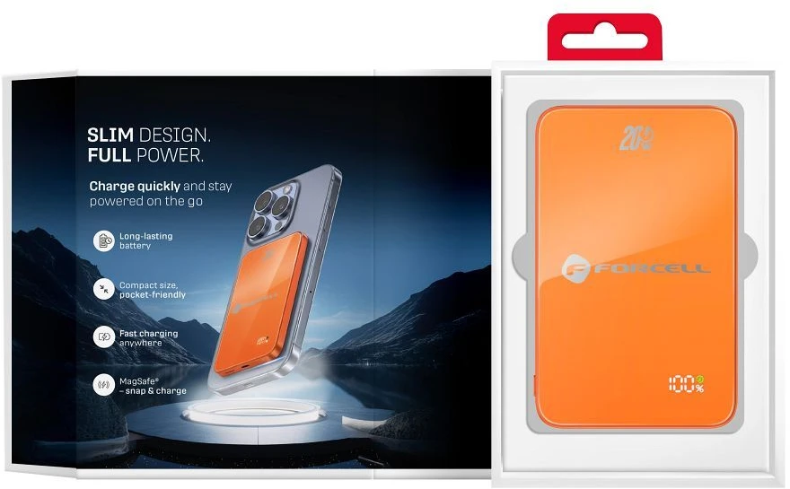 Nešiojamoji baterija, suderinama su „MagSafe Forcell F-Energy SuperSlim F5K8 QC4.0 PD3.0“ 15W 5000 mAh oranžinis