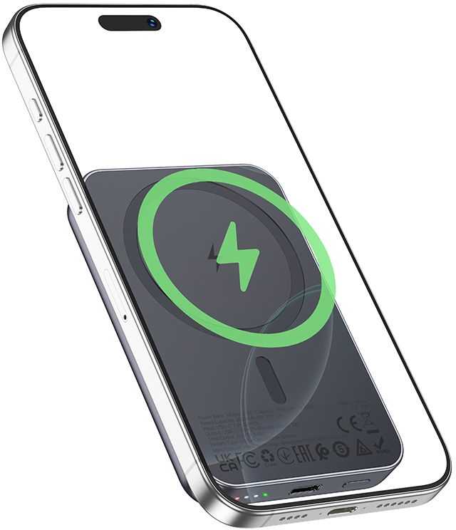 Nešiojamoji baterija, suderinama su „MagSafe Hoco“, 5000 mAh, 2A, 5W, J160, metalo pilka