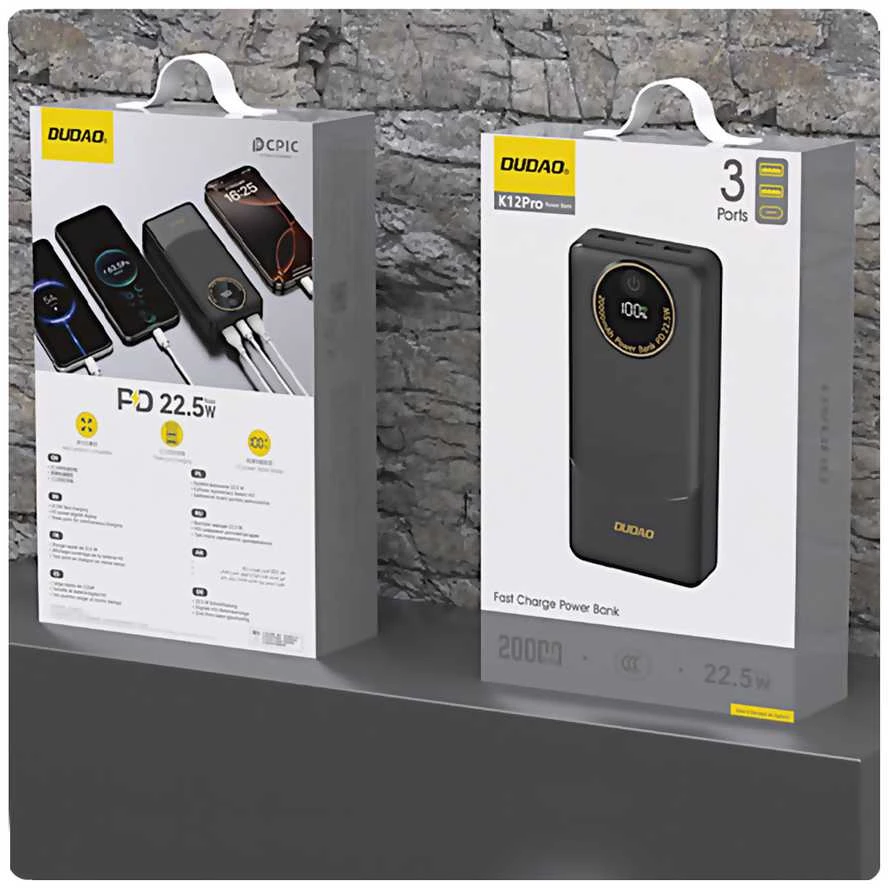 Powerbank Dudao K12Pro 22.5W PD 20000mAh USB-A, USB-C - baltos spalvos