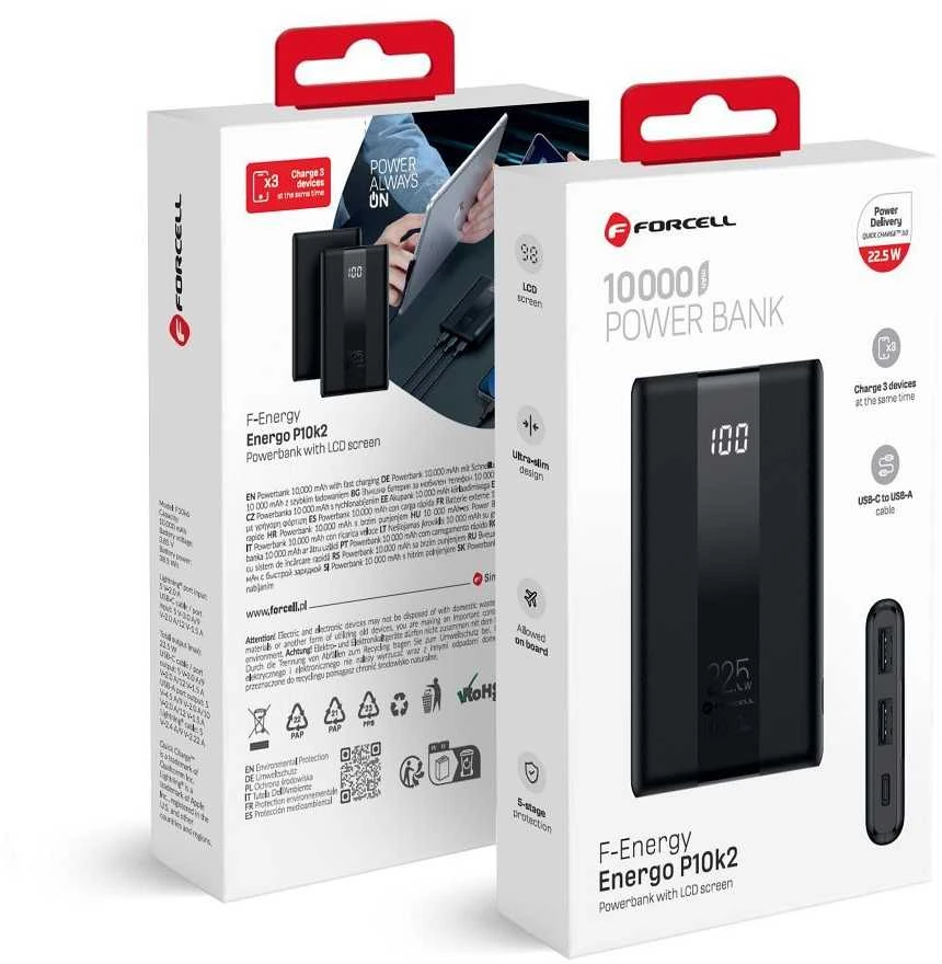 Powerbank Forcell F-Energy Energo P10K2 QC3.0 PD 3A 22,5W 10000 mAh juodas