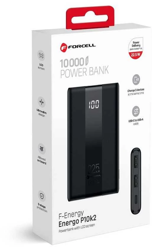 Powerbank Forcell F-Energy Energo P10K2 QC3.0 PD 3A 22,5W 10000 mAh juodas