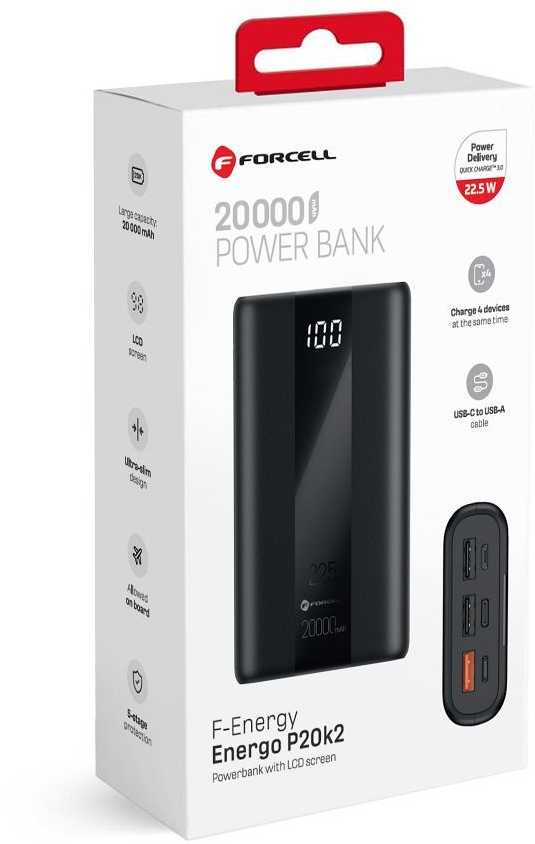 Nešiojamoji baterija Forcell F-Energy Energo P20K2 QC3.0 PD 3A 22,5W 20000 mAh juoda
