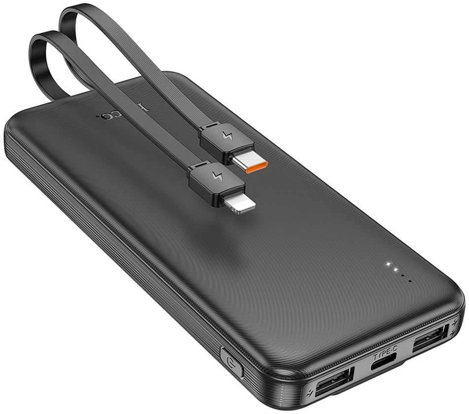 Nešiojamas įkroviklis (powerbank) Hoco 10000 mAh 2A su įmontuotais USB C + Lightning kabeliais J118 juodas