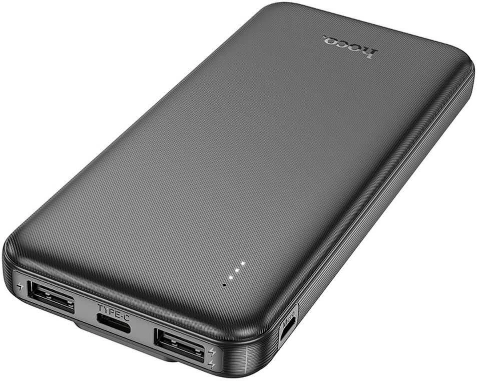 Nešiojamas įkroviklis (powerbank) Hoco 10000 mAh 2A su įmontuotais USB C + Lightning kabeliais J118 juodas