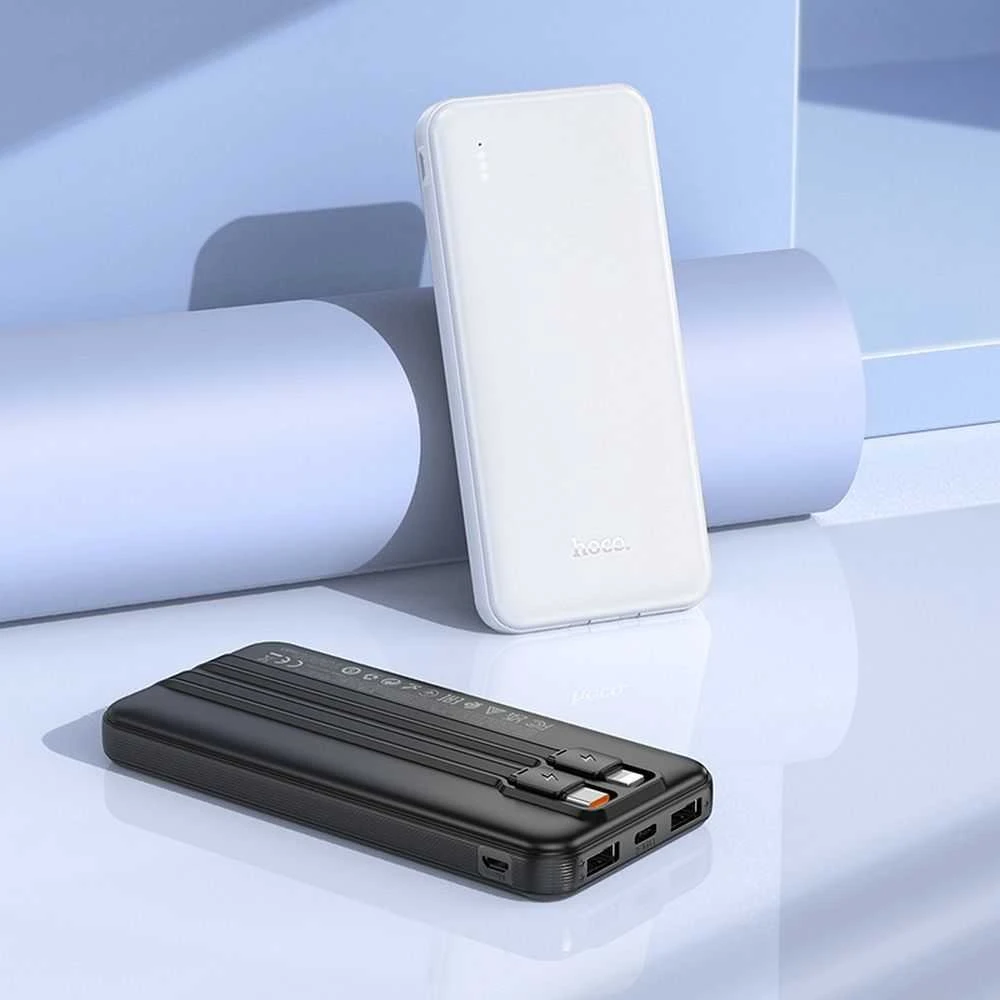Nešiojamas įkroviklis (powerbank) Hoco 10000 mAh 2A su įmontuotais USB C + Lightning kabeliais J118 juodas