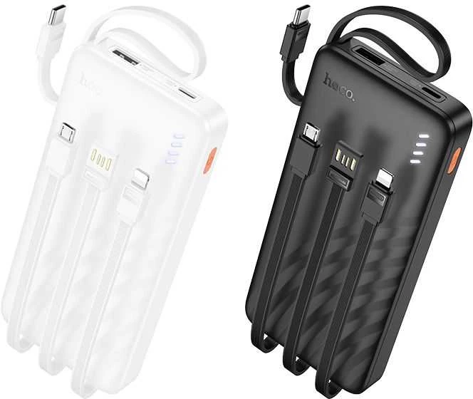 Nešiojamasis įkroviklis (powerbank) Hoco 10000 mAh 2A su keturiais įtaisytais kabeliais USB A + USB C + Lightning + Micro USB J146 juodas