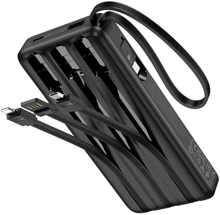 Nešiojamasis įkroviklis (powerbank) Hoco 10000 mAh 2A su keturiais įtaisytais kabeliais USB A + USB C + Lightning + Micro USB J146 juodas