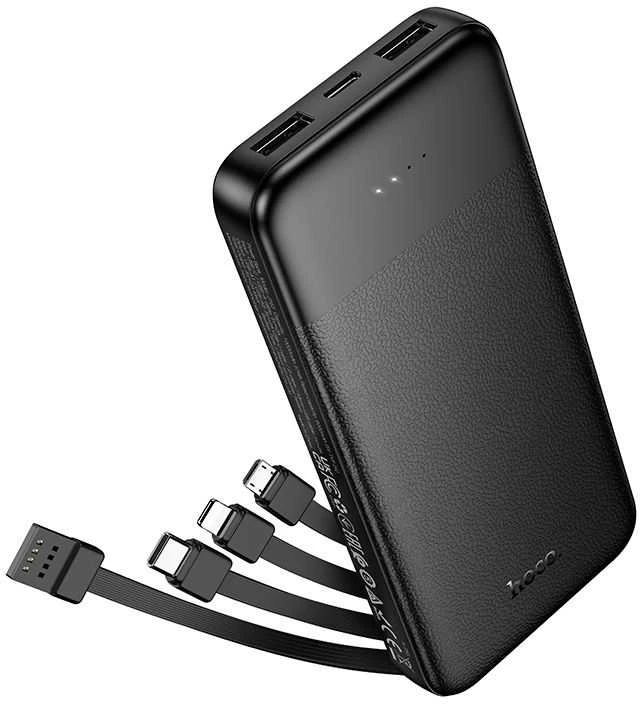 Išorinis akumuliatorius Hoco 10000 mAh 2A su keturiais integruotais kabeliais USB A + USB C + Lightning + Micro USB J163 juodas