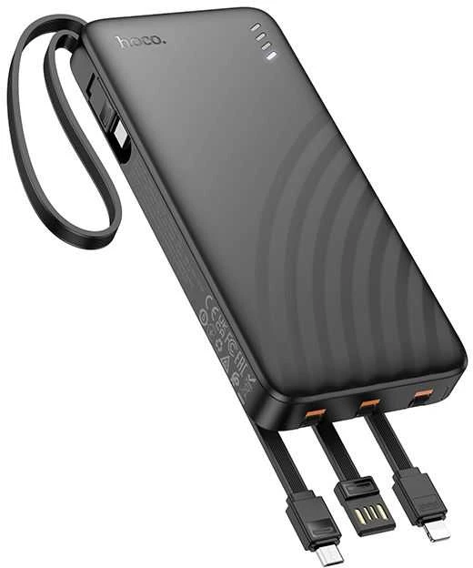 Nešiojamasis įkroviklis (powerbank) Hoco 10000 mAh 2A su keturiais įtaisytais kabeliais USB A + USB C + Lightning + Micro USB J146 juodas