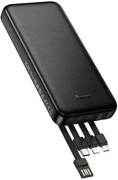 Išorinis akumuliatorius Hoco 10000 mAh 2A su keturiais integruotais kabeliais USB A + USB C + Lightning + Micro USB J163 juodas