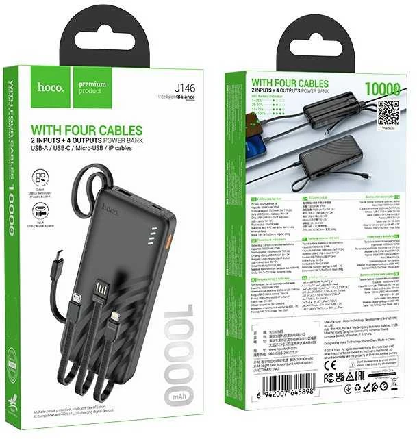 Nešiojamasis įkroviklis (powerbank) Hoco 10000 mAh 2A su keturiais įtaisytais kabeliais USB A + USB C + Lightning + Micro USB J146 juodas