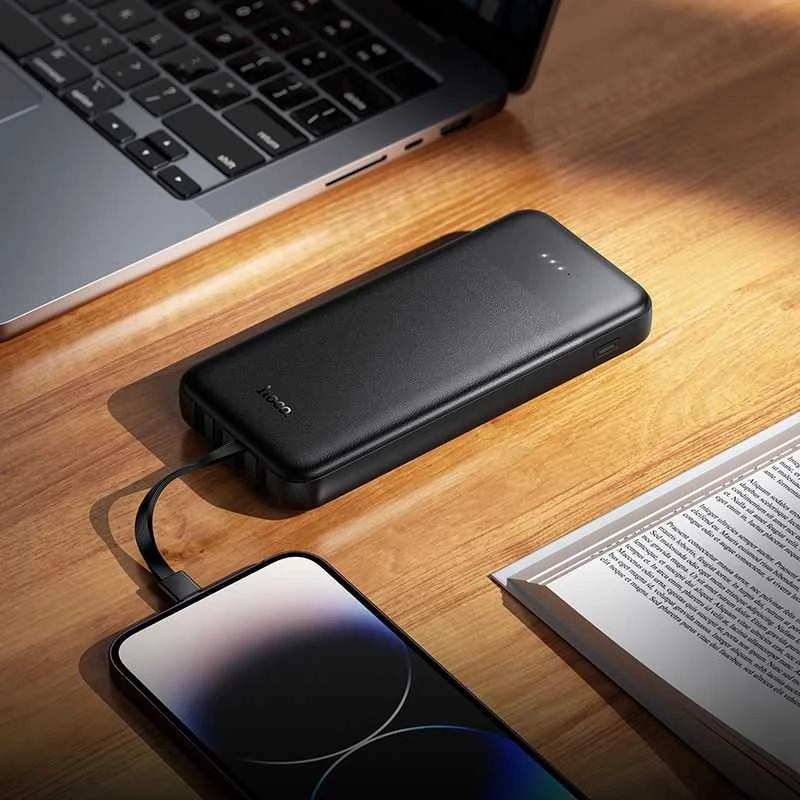 Išorinis akumuliatorius Hoco 10000 mAh 2A su keturiais integruotais kabeliais USB A + USB C + Lightning + Micro USB J163 juodas