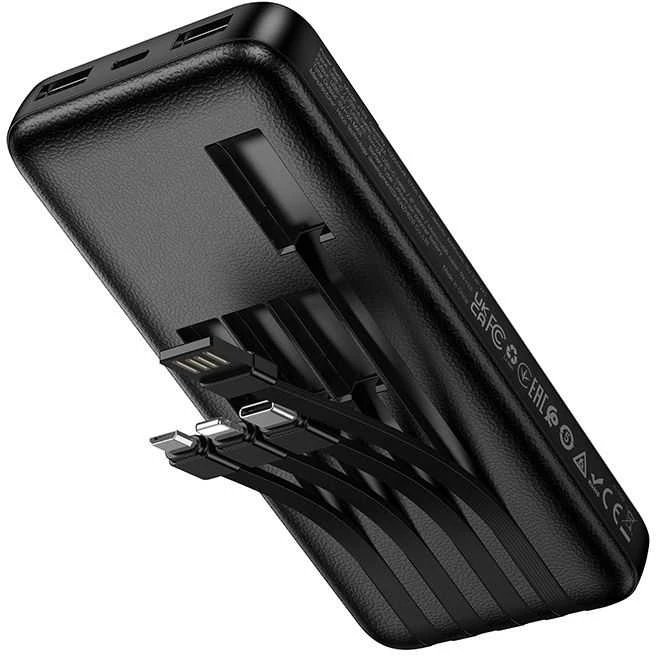 Išorinis akumuliatorius Hoco 10000 mAh 2A su keturiais integruotais kabeliais USB A + USB C + Lightning + Micro USB J163 juodas