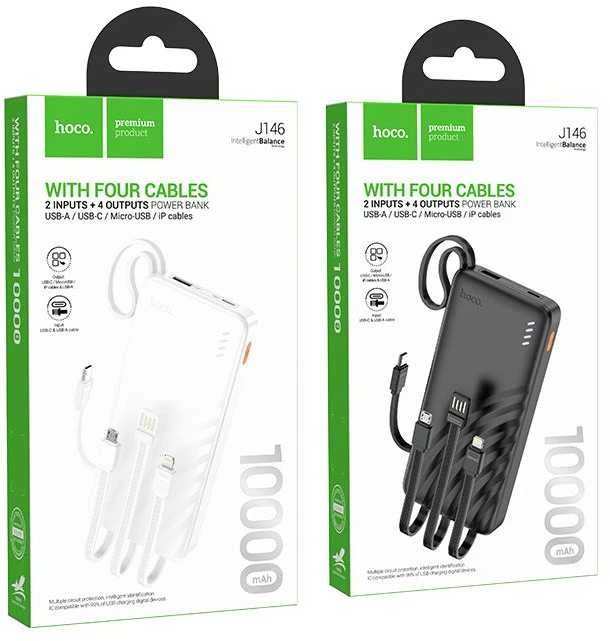 Nešiojamasis įkroviklis (powerbank) Hoco 10000 mAh 2A su keturiais įtaisytais kabeliais USB A + USB C + Lightning + Micro USB J146 juodas
