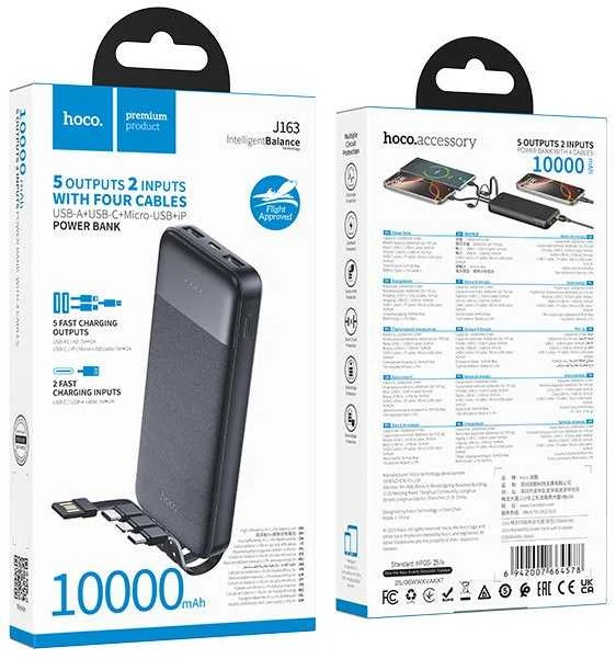 Išorinis akumuliatorius Hoco 10000 mAh 2A su keturiais integruotais kabeliais USB A + USB C + Lightning + Micro USB J163 juodas