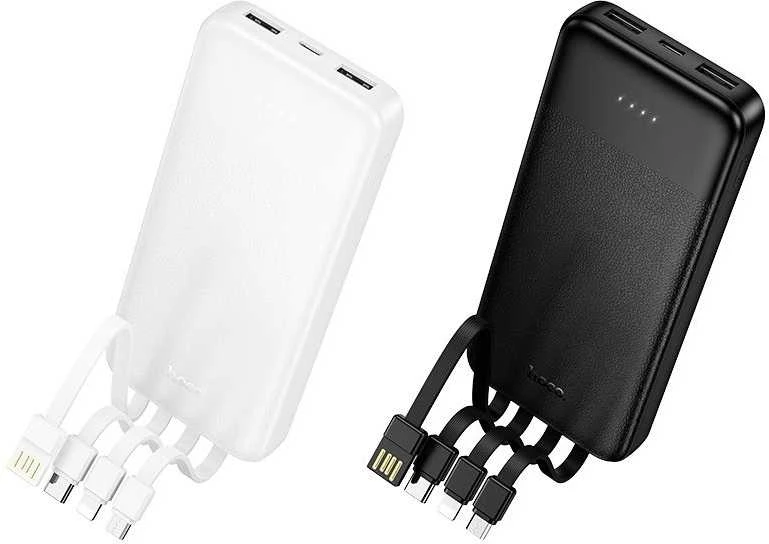 Išorinis akumuliatorius Hoco 10000 mAh 2A su keturiais integruotais kabeliais USB A + USB C + Lightning + Micro USB J163 juodas