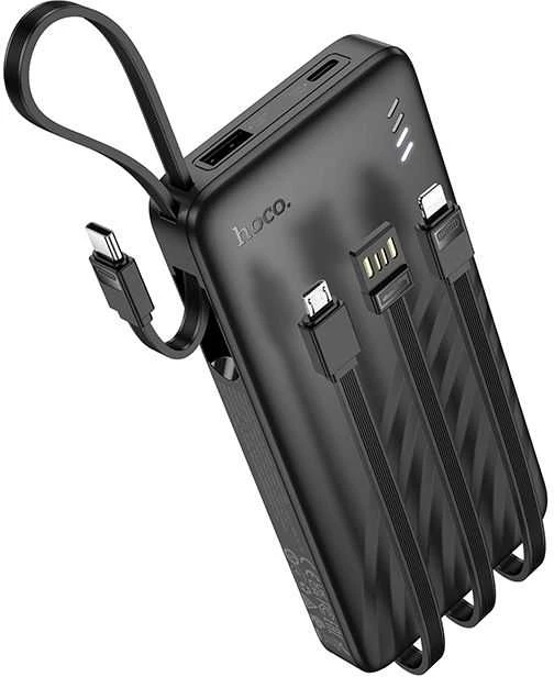 Nešiojamasis įkroviklis (powerbank) Hoco 10000 mAh 2A su keturiais įtaisytais kabeliais USB A + USB C + Lightning + Micro USB J146 juodas