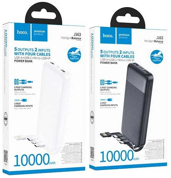 Išorinis akumuliatorius Hoco 10000 mAh 2A su keturiais integruotais kabeliais USB A + USB C + Lightning + Micro USB J163 juodas