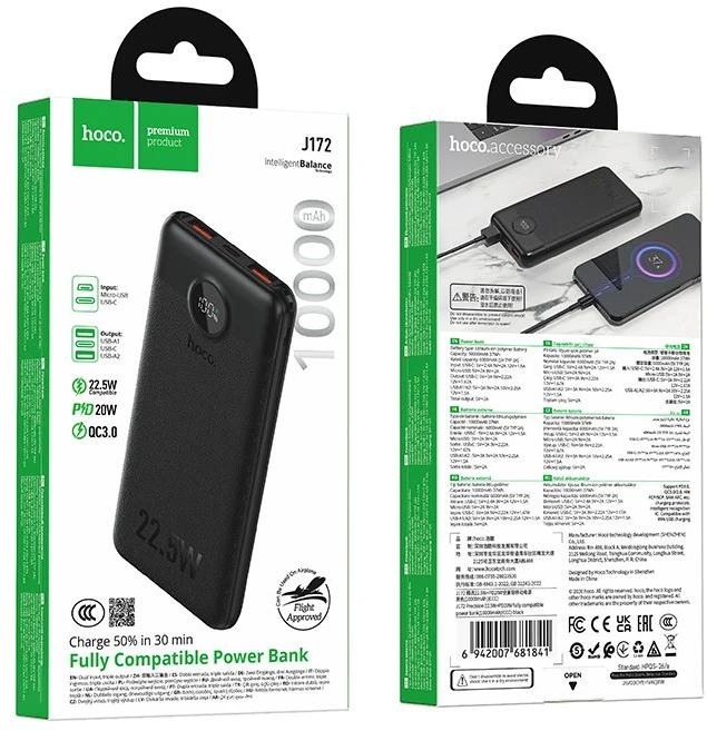 Powerbank Hoco 10000 mAh QC 22,5W+PD 20W LED J172 juodas