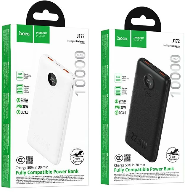 Powerbank Hoco 10000 mAh QC 22,5W+PD 20W LED J172 baltas