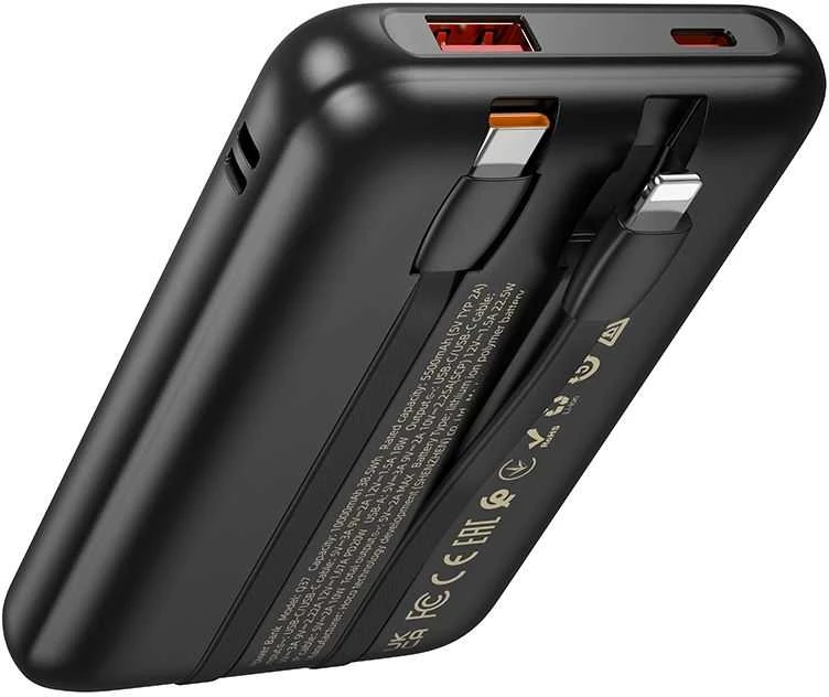 Išorinė baterija Hoco 10000 mAh QC PD 22,5W su integruotais laidais USB C + Lightning Q37 juodas