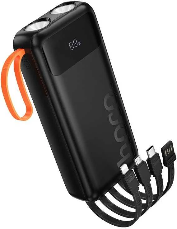 Powerbank Hoco 20000 mAh 2A with built-in cables USB A + USB C+ Lightning + Micro USB and double light J151A juodas
