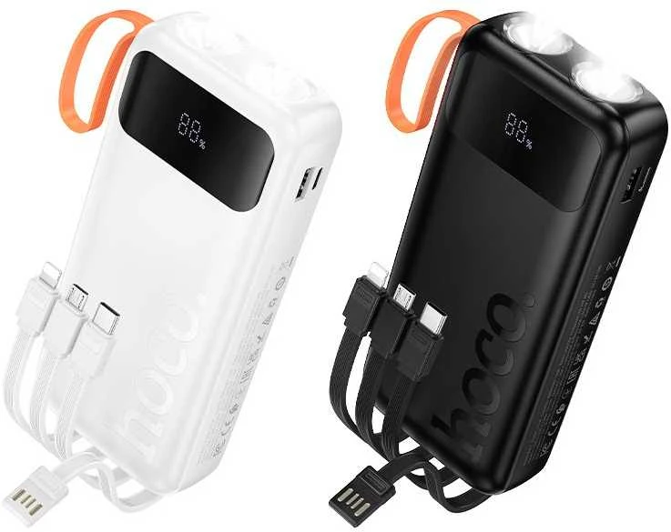 Powerbank Hoco 20000 mAh 2A with built-in cables USB A + USB C+ Lightning + Micro USB and double light J151A juodas