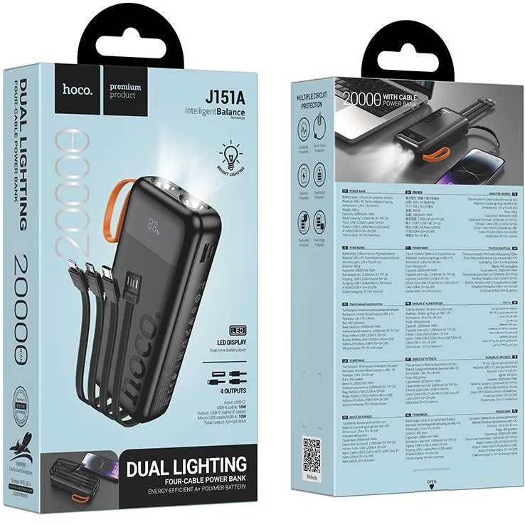 Powerbank Hoco 20000 mAh 2A with built-in cables USB A + USB C+ Lightning + Micro USB and double light J151A juodas