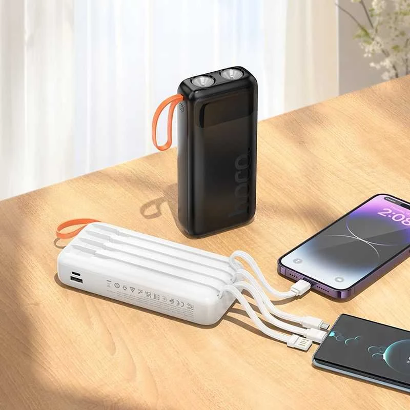 Powerbank Hoco 20000 mAh 2A with built-in cables USB A + USB C+ Lightning + Micro USB and double light J151A juodas