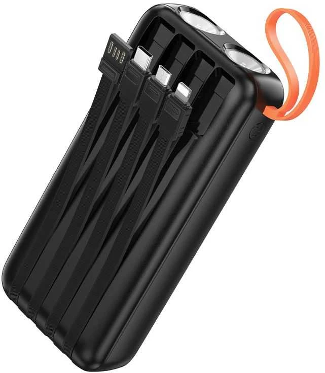 Powerbank Hoco 20000 mAh 2A with built-in cables USB A + USB C+ Lightning + Micro USB and double light J151A juodas
