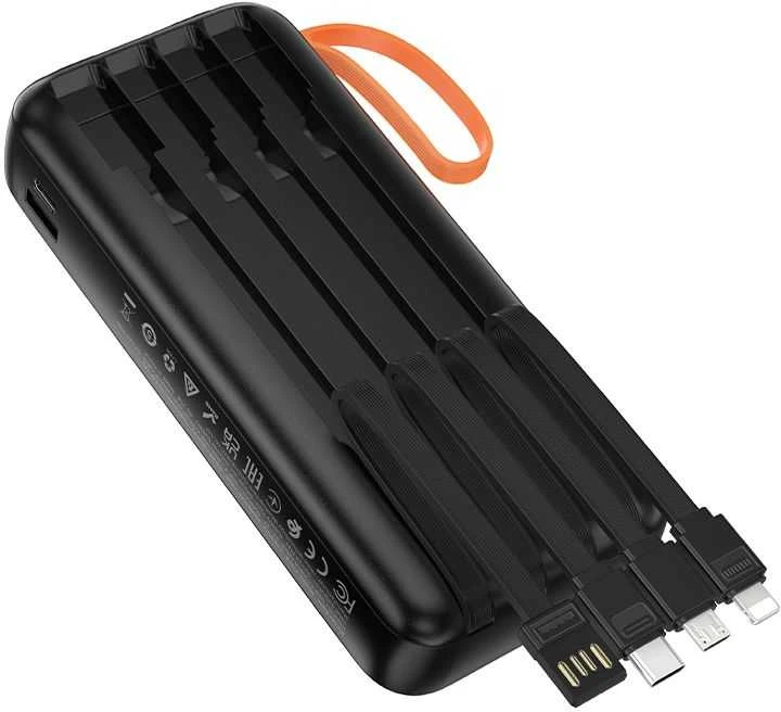 Powerbank Hoco 20000 mAh 2A with built-in cables USB A + USB C+ Lightning + Micro USB and double light J151A juodas