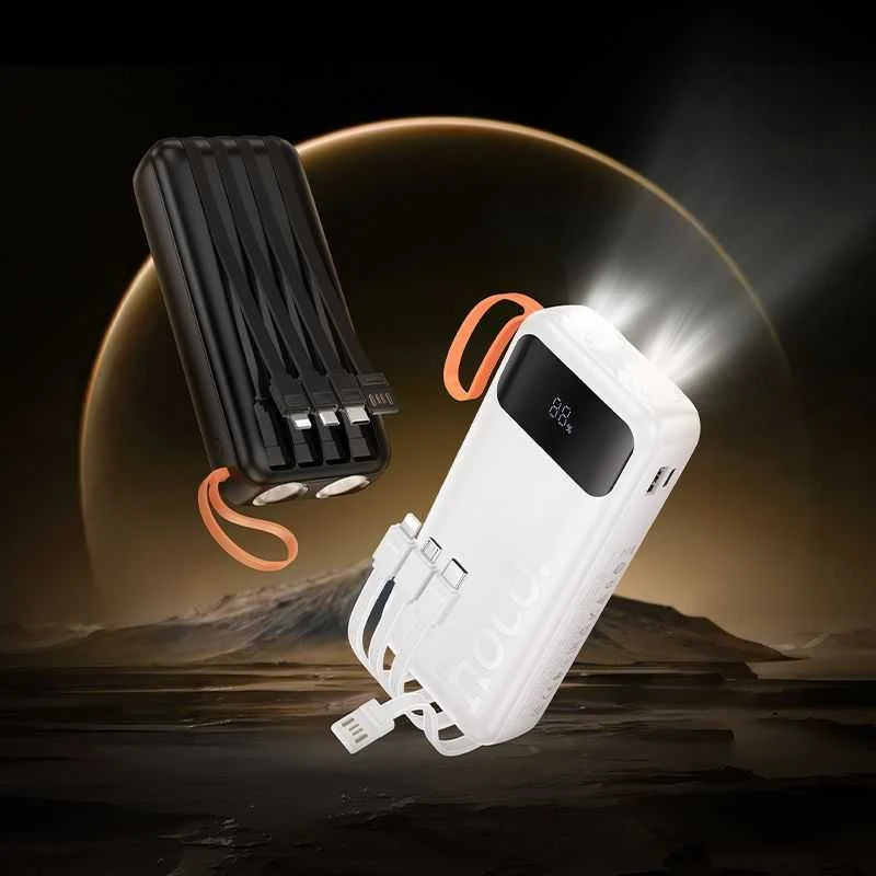 Powerbank Hoco 20000 mAh 2A with built-in cables USB A + USB C+ Lightning + Micro USB and double light J151A juodas