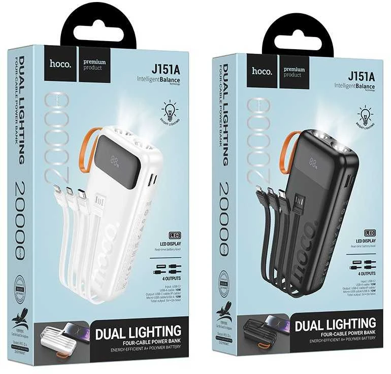 Powerbank Hoco 20000 mAh 2A with built-in cables USB A + USB C+ Lightning + Micro USB and double light J151A juodas