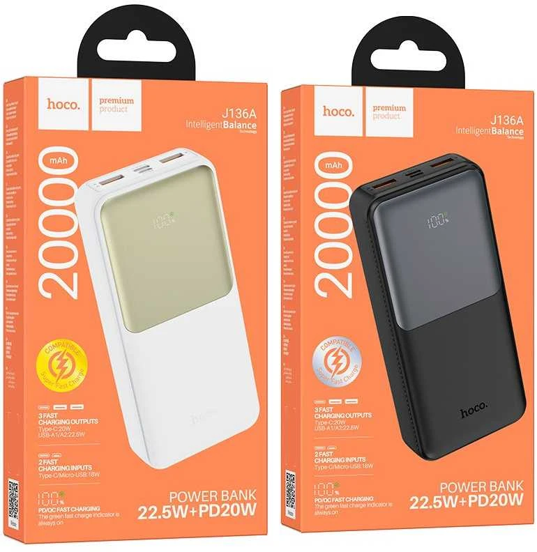 Išorinė baterija Power Bank Hoco J136A 22.5W+PD20W 20000mAh juoda