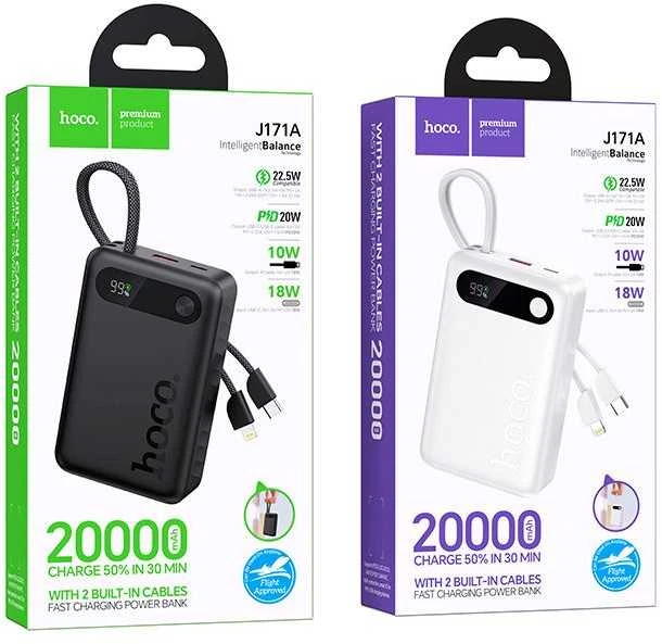 Nešiojamoji baterija Hoco 20000 mAh QC PD 2A 22,5W su integruotais laidais USB C + Lightning J171A baltas