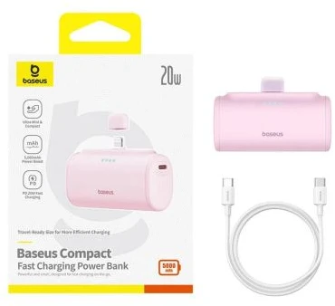 Baseus Kompaktiškas maitinimo blokas, greitasis įkrovimas, Type-C įėjimas + Lightning išėjimas (su C+C kabeliu) PD20W, 5000 mAh, rožinė (P10068307413-00)
