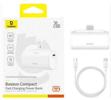 Baseus Power Bank Compact Fast charge Type-C inlet + Lightning outlet (with C+C cable) PD20W, 5000 mAh, Baltas (P10068307213-00)