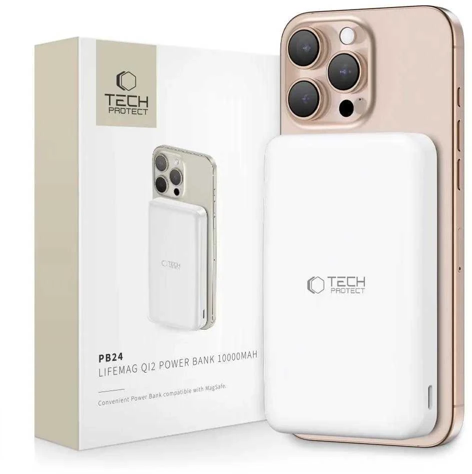 Išorinė baterija „Tech-Protect PB24 LifeMag QI2 MagSafe 10000 mAh“ – baltos spalvos
