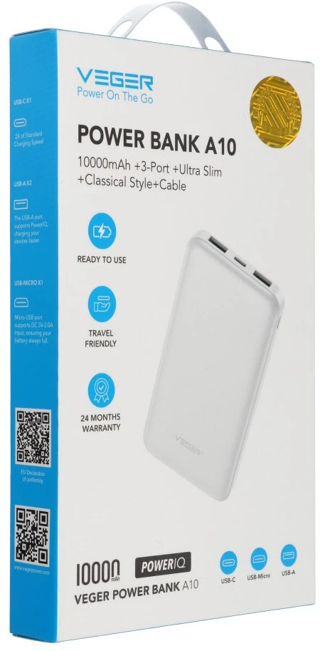 Powerbank Veger A10 (W1065) 2A 10000 mAh baltas