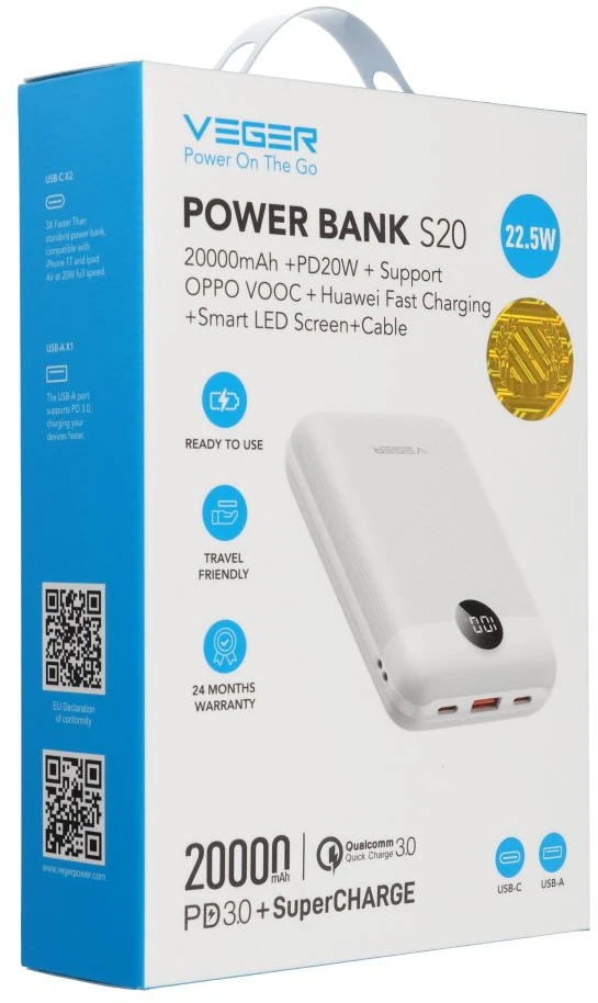 Powerbank Veger S20 (W2081) PD QC3.0 2A 22,5W 20000 mAh baltas