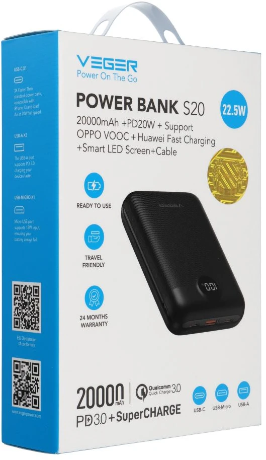 Powerbank Veger S20 (W2081) PD QC3.0 2A 22,5W 20000 mAh juodas