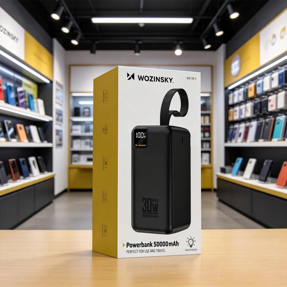 Powerbank Wozinsky W8-B 50000mAh 30W 2xUSB-A and 2xUSB-C and USB micro with flashlight - juodas