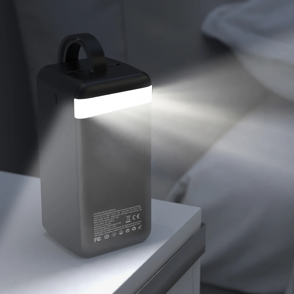 Powerbank Wozinsky W8-B 50000mAh 30W 2xUSB-A and 2xUSB-C and USB micro with flashlight - juodas
